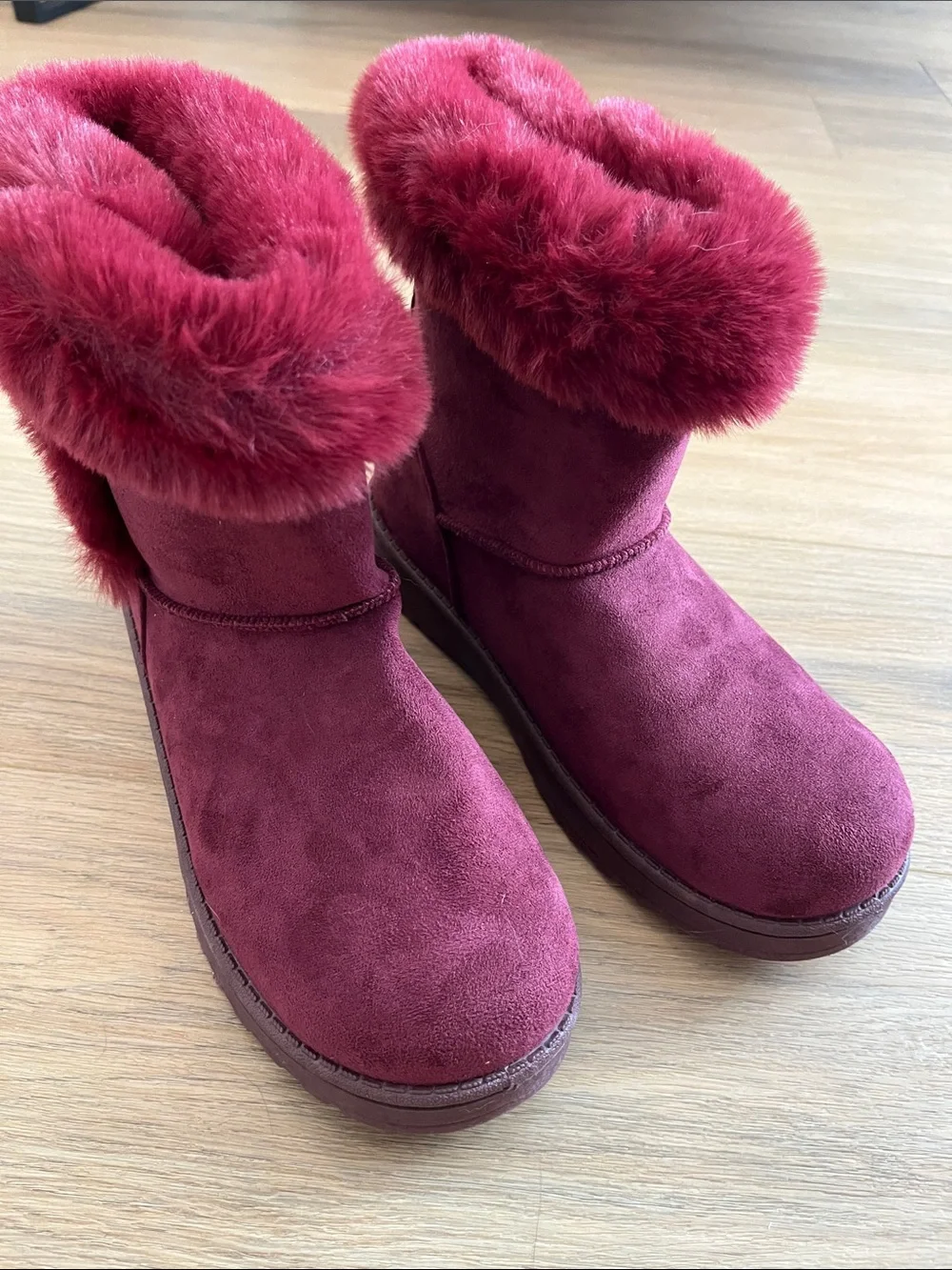 SO Pauline Wine Faux Suede Faux Fur-Cuff Boots